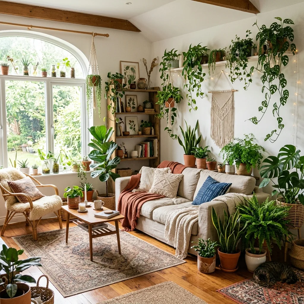Boho living room filled with indoor plants